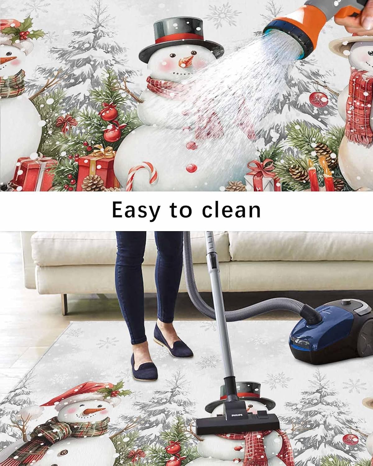 Outdoor Rug, Christmas Snowman Scarf Winter Tree Snow Snowflakes Gray White Absorbant Non-Slip Area Rugs Mat Carpet for Patio Balcony Porch Backyard Deck Rv Camping 5x8 ft