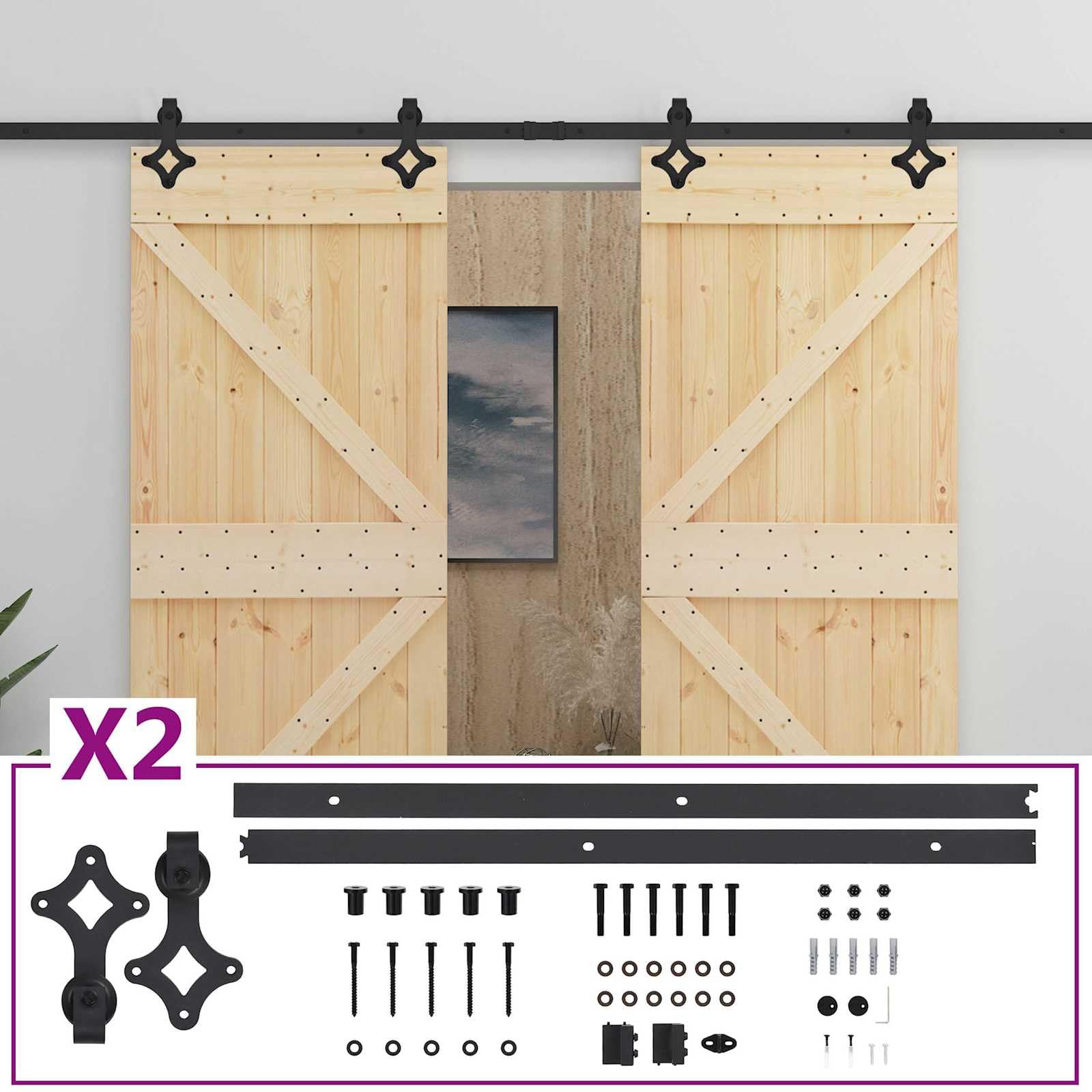 Porta scorrevole in legno di pino massiccio naturale e nero, 2 pezzi, 200 x 5,5 x 210 cm, con binario scorrevole, fermaporta e ruote, salvaspazio per interni