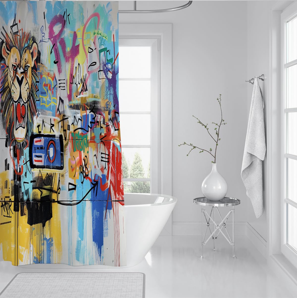 Tende doccia in stile graffiti astratto, Lion Head Street Art in stampa per il bagno, tende da bagno vivaci e uniche per nursery impermeabili 180 x 220 cm