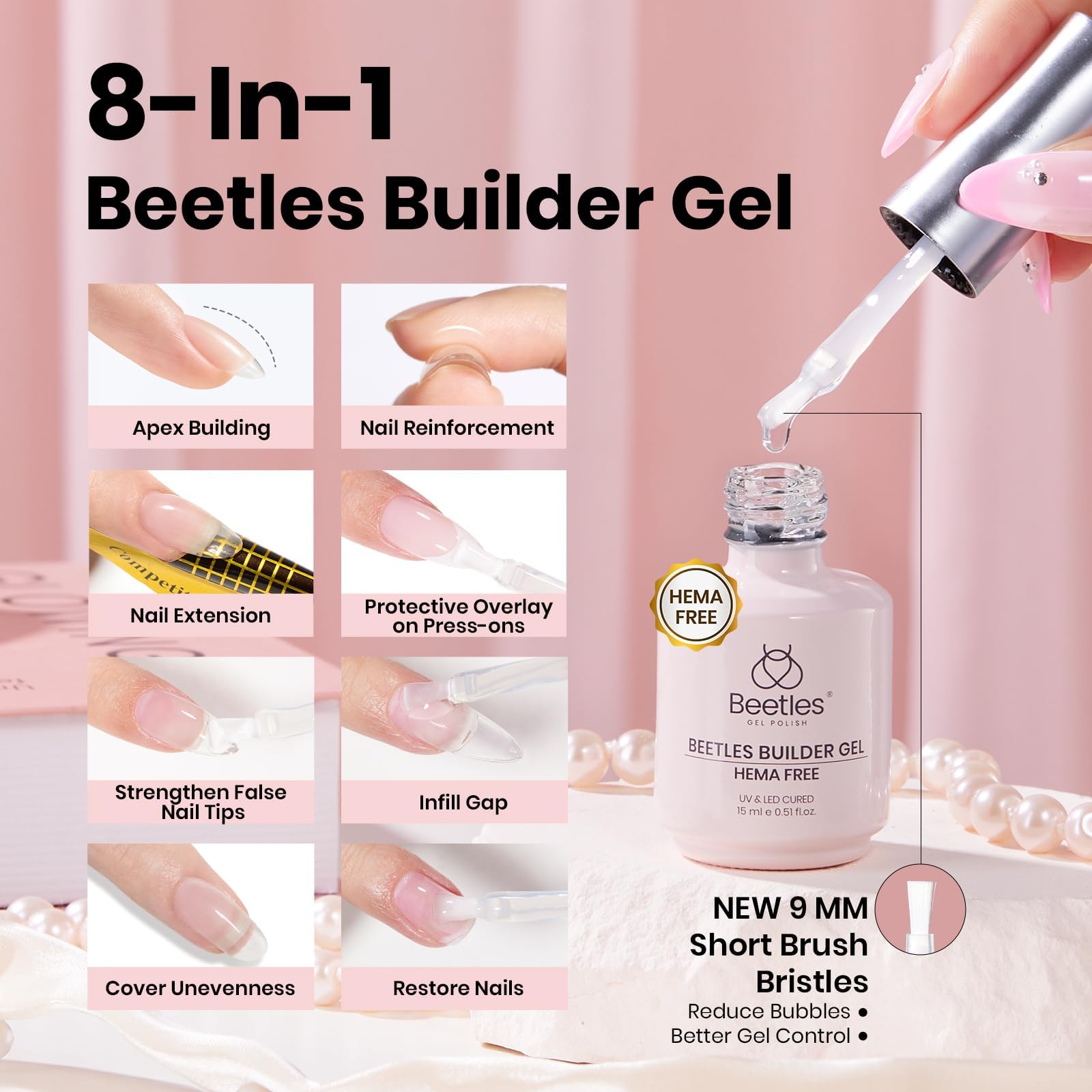 Beetles Builder Gel à ongles avec vernis à ongles sans essuyage et couche de base pour ongles Finition brillante et formule améliorée de sécurité durable pour les femmes