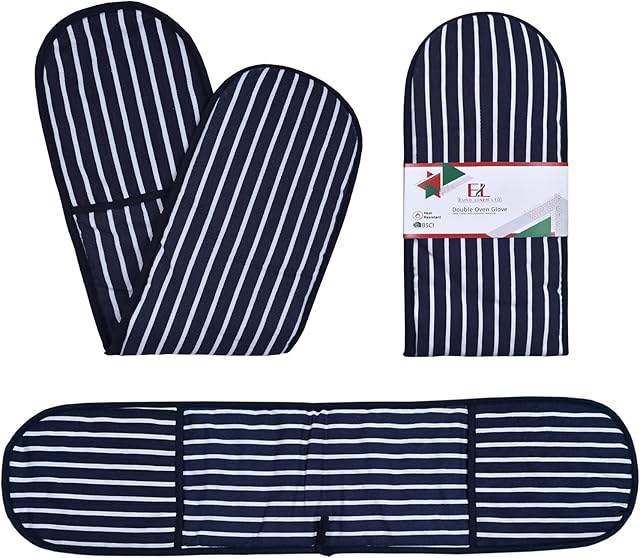 EURO LINEN Premium Quality Heat Resistant Oven Gloves - Non-Slip 100% Cotton double oven gloves for Cooking/Grilling/BBQ/Baking - Highly Absorbent and Skin-Friendly in Daily Use (Blue)