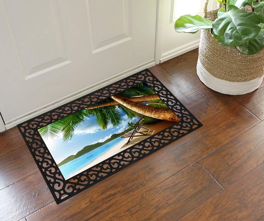 Rubber Welcome Door Mat, Decorative Indoor Outdoor Doormat Non Slip Front Door Mat, Easy to Clean Low Profile Mat for Entry Patio Garage High Traffic Areas, 17.7" x 29.5" (Seaside B)