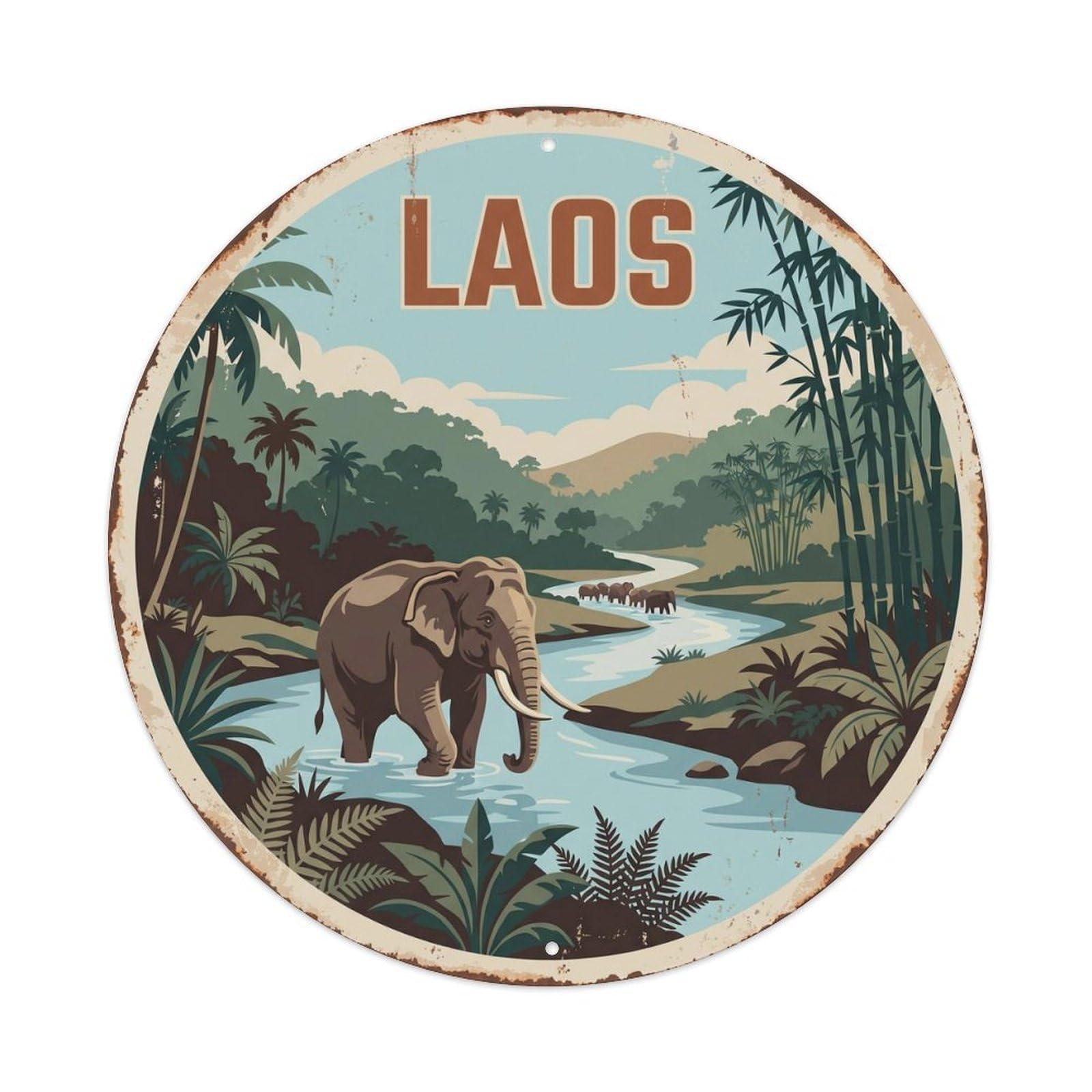Laos Asian Elephant River Valley Metal Tin Sign