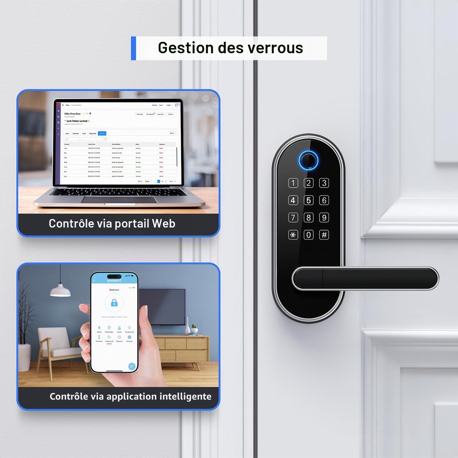 Serrure intelligente à empreinte digitale sans clé avec poignée et clavier : serrure numérique électronique/électrique avec code/code passe, bouton de porte biométrique pour porte d'entrée, chambre à