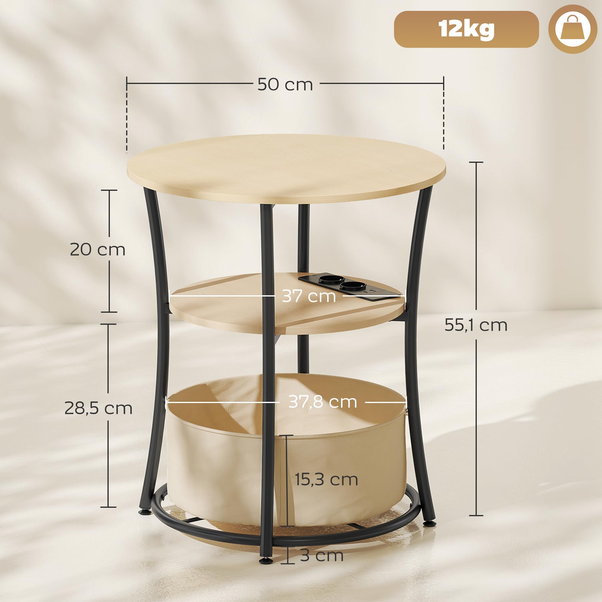 HOMCOM Mesa Auxiliar Redonda de 3 Niveles Ø50x55,1 cm Madera Natural | Estación de Carga, Mesita Auxiliar Industrial, 2 Estantes Abiertos, Bolsa de Almacenaje, para Salón Dormitorio Librería