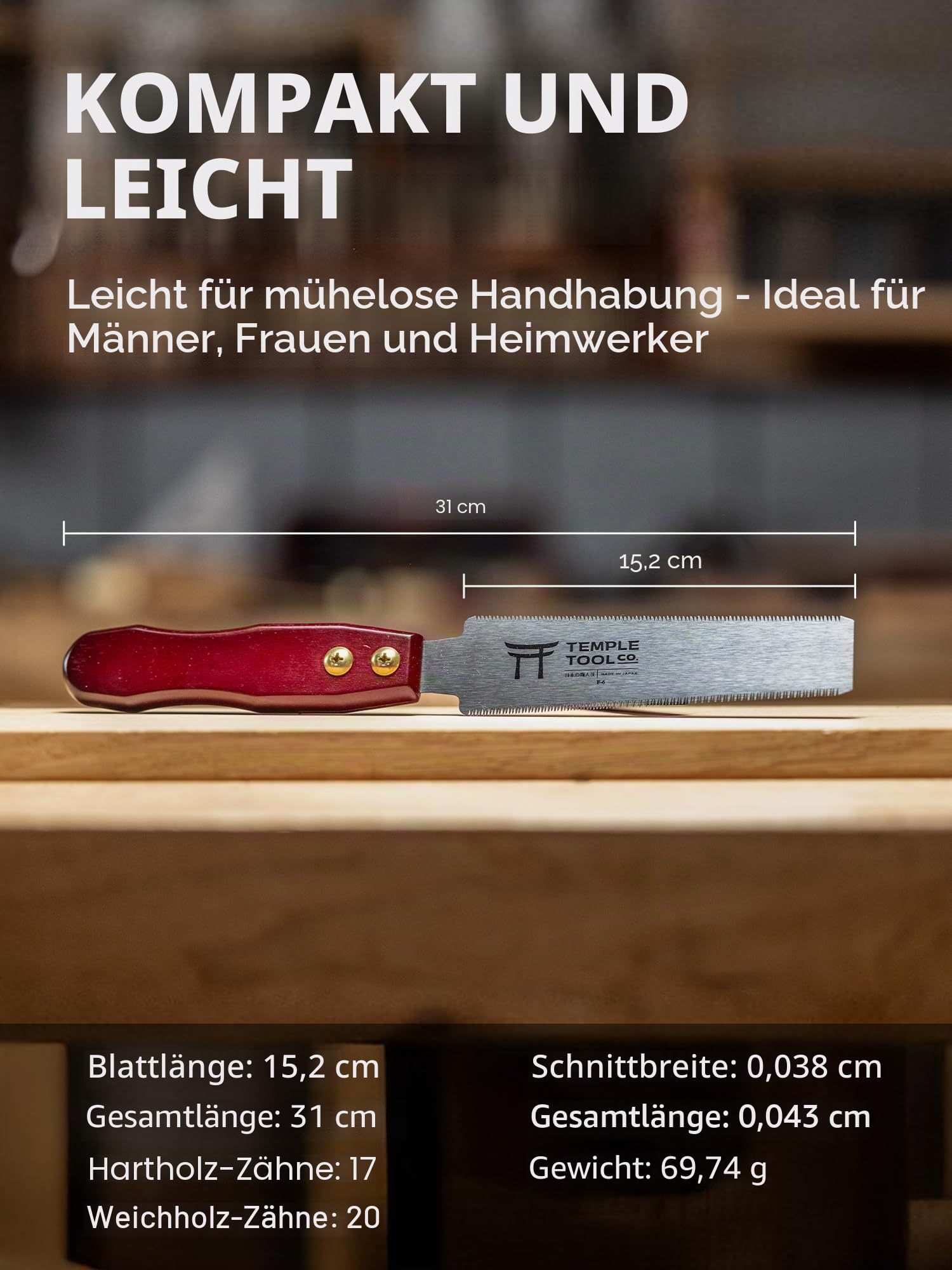 Japanische Bündigschnittsäge - 15,2 cm Doppelkanten-Zugsäge für bündiges Schneiden von Dübeln, Heringen, Keilen - Hartholz Weichholz Handsäge - Kleine Holzsäge - Temple Tool Co.