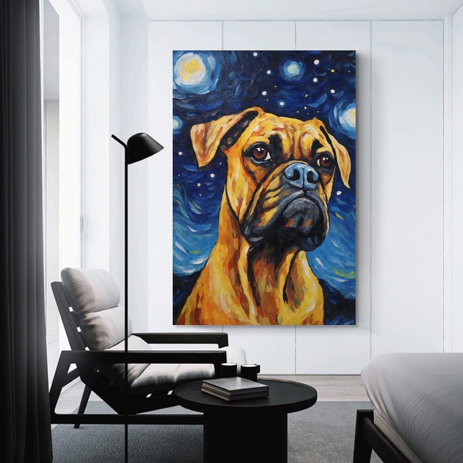 Junmoney Unframe-Style-8 Decorative Wall Artwork Boxer Dog Starry Night, 20X30inch(50X75cm), For New Homes, Bedrooms Or Workspaces, Canvas Artwork With Gifting Potential