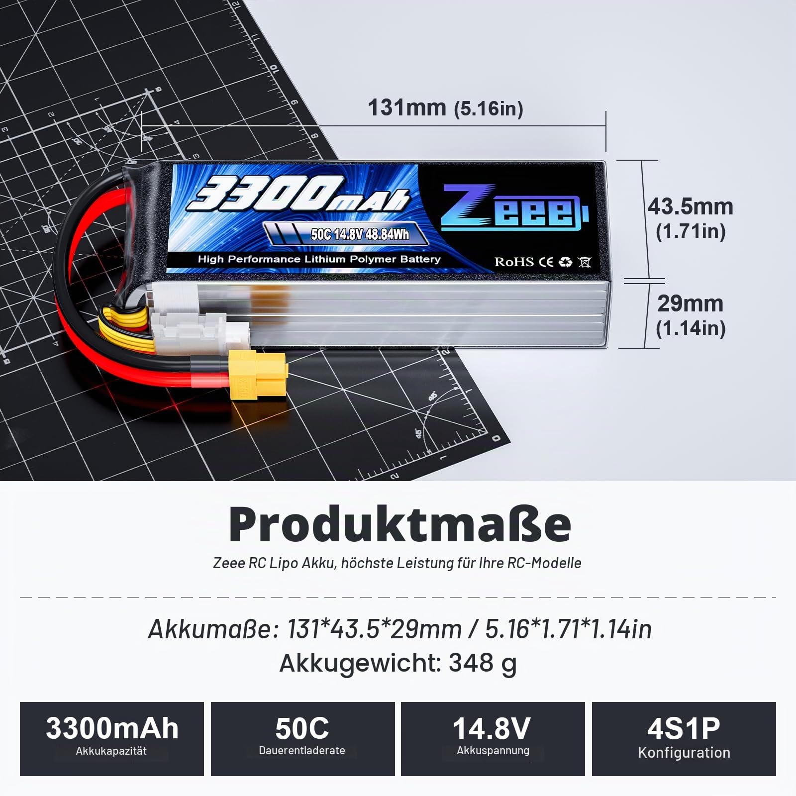 Zeee 4S Lipo Akku 14,8V 50C 3300mAh RC Batterie mit XT60 Stecker(2 STK) | RC Batterie für RC Auto Truck Flugzeug Heilikopter Boot RC Hobby