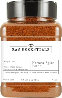 Raw Essentials Harissa Spice Blend - Moroccan Style Smoky Sweet Chili Seasoning - Great on Grilled Foods, Couscous, Stews and Dips - Gluten Free and Vegan - 8 Ounce Bottle
