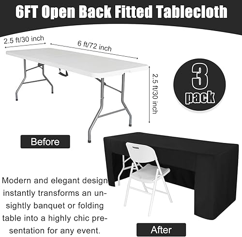 Miniatura 2 de Paquete de 3 manteles rectangulares ajustables con espalda abierta de 72 x 30 pulgadas, manteles negros para mesas de 6 pies, mantel ajustable de