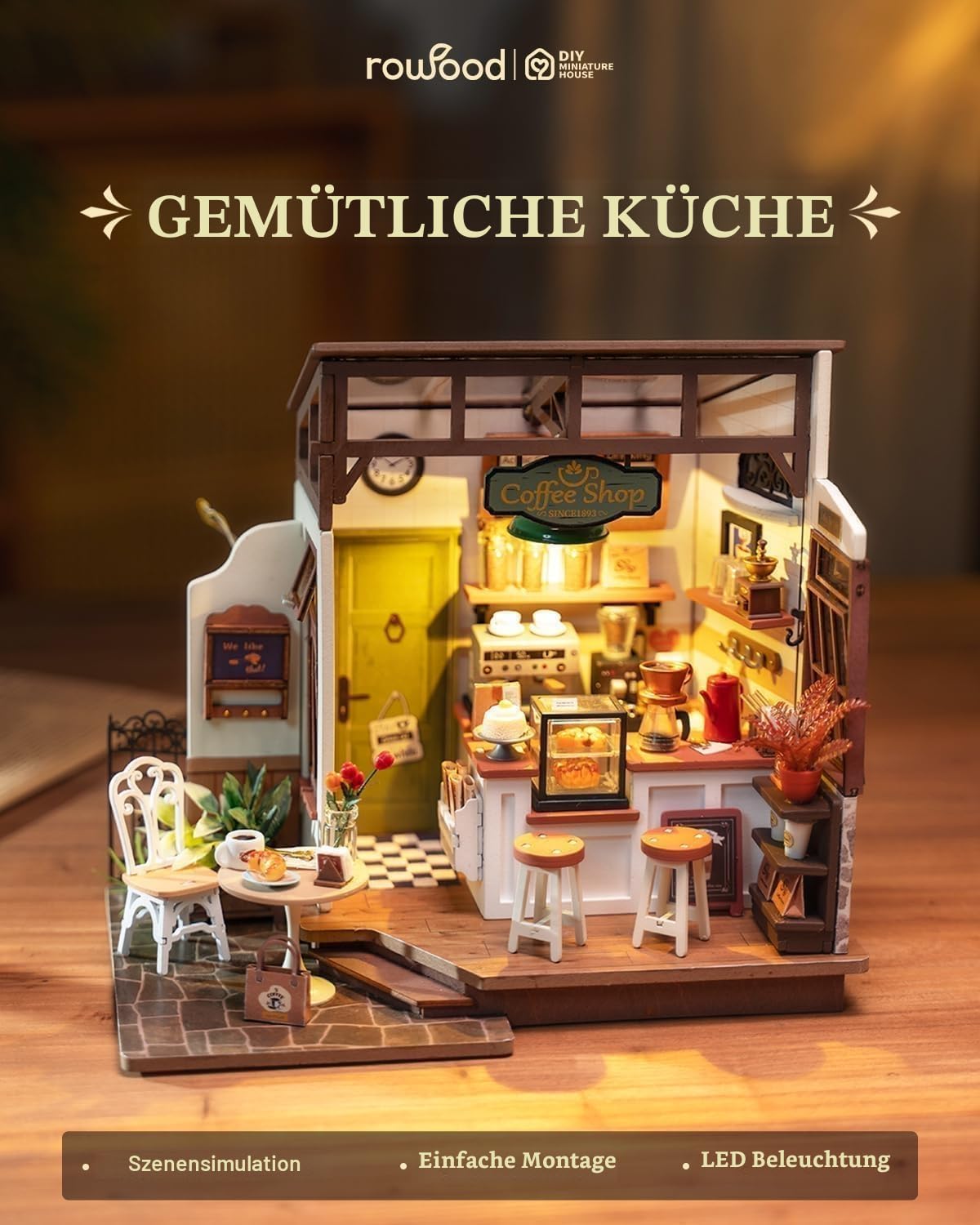 RoWood Café Miniatur Puppenhaus, DIY Basteln Bastelset für Erwachsene, Mini-Haus aus Holz mit Möbeln, Geschenk zum Geburtstag, Frauen, Mädchen