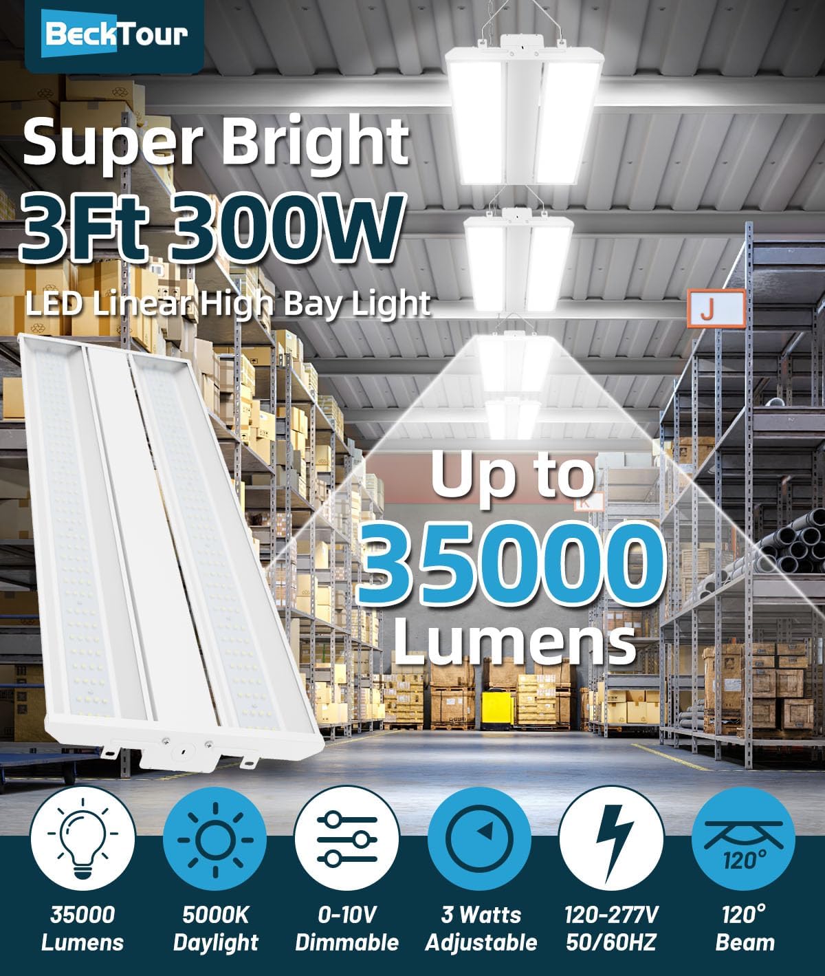 300W LED Linear High Bay Shop Light 2-Pack, 35000LM 0-10V Dimmable 5000K Daylight 3 Watts Adjustable 120-277V, High Bay LED Shop Lighting for Garage Warehouse Workshop, ETL Listed