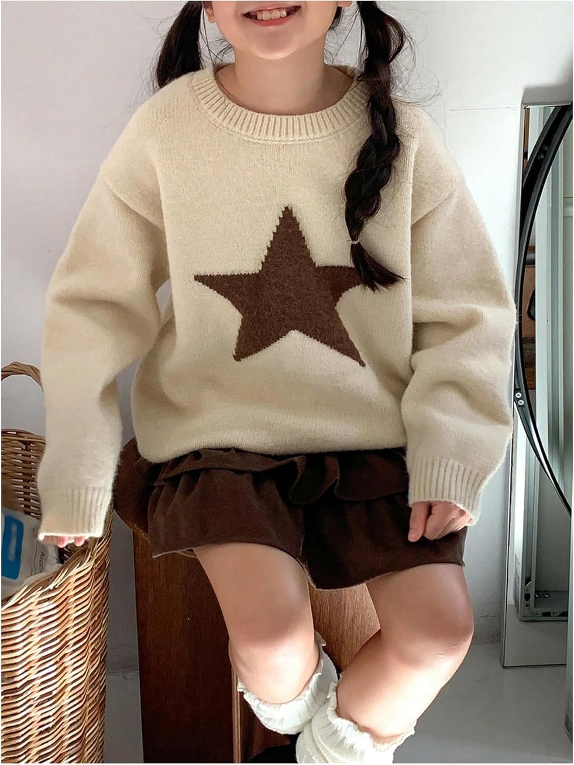 Girl's Star Graphic Sweaters Cute Crew Neck Long Sleeve Knitted Pullover Jumper Tops - Image 4