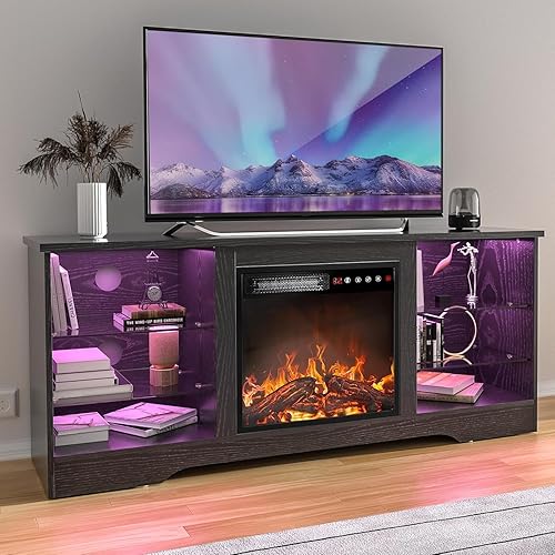 TAVATA 58" Fireplace TV Stand with 18" Fireplace, Modern Led Entertainment Center for TVs up to 65 inch, Media Console for Living Room with Storage Cabinets and Adjustable Glass Shelves (Black)