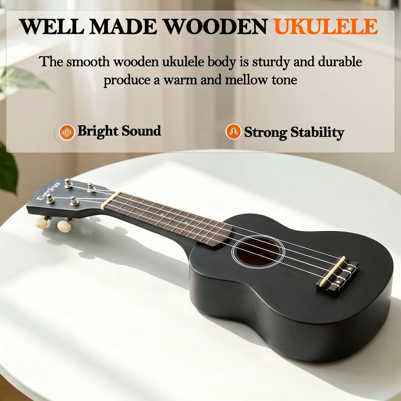 Everjoys Ukulele Soprano per Principiante Adulto Ukulele da 21 Pollici con Borsa, Accordatore, Corde Aggiuntive, Cinturino, Plettri, Nero