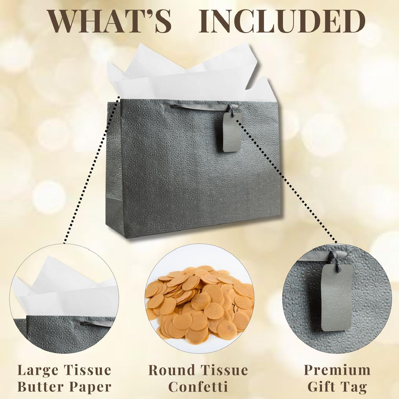 Kidsy Winsy Silber-Geschenktüten mit Seidenfüllpapier und Dankeskarte – XL-Papiertüten für Rückgabegeschenke | Tragetaschen für Geburtstag, Hochzeit, Jahrestag | Goodie Bags zum Verschenken