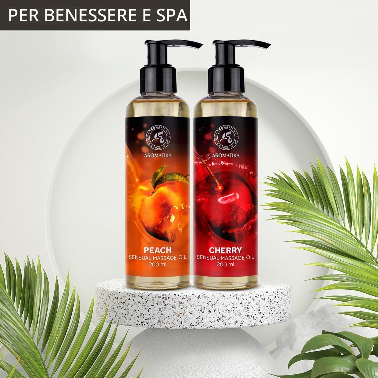 Sensual Massage Oil Set 2x200ml - Pesca e Ciliegia - Olio da massaggio commestibile e baciabile - Miscela di oli di mandorle e vinaccioli e macadamia - Olio per il corpo per lui e lei - per coppie