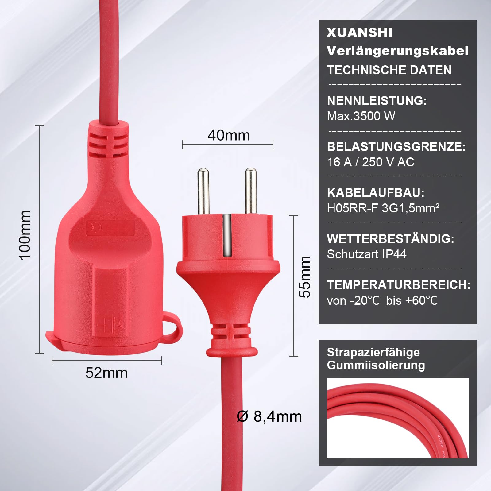 Cable alargador exterior 20 m para exteriores, de goma, con enchufe Schuko, IP44, cable de extensión 3 G1,5 mm², cable eléctrico exterior, con tapa protectora, 3500 W, rojo