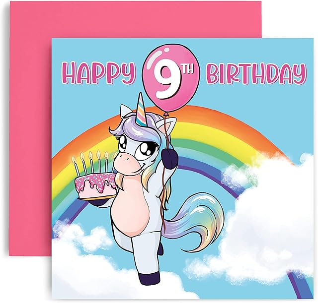 Huxters Magical Unicorn 9th Birthday Card for girl - Happy Birthday Card for young Girl, Girls Birthday Cards for Her, 14.8cm square Card perfect for Daughter Niece Granddaughter Kids Children (9)