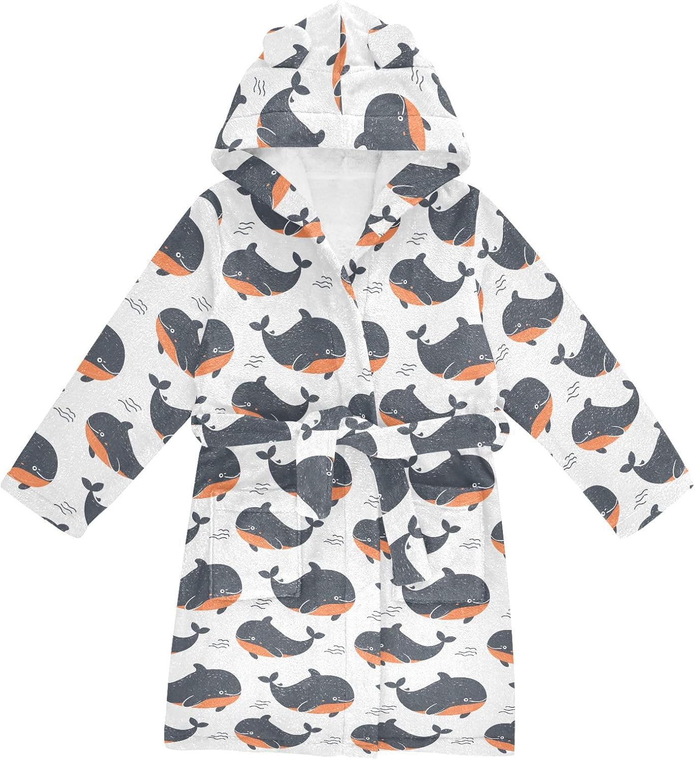 senya Cartoon Whale Orange Toddler Hooded Bathrobe Kids Soft Plush Bath Towel Robes for Boys Girls 2-12 Years