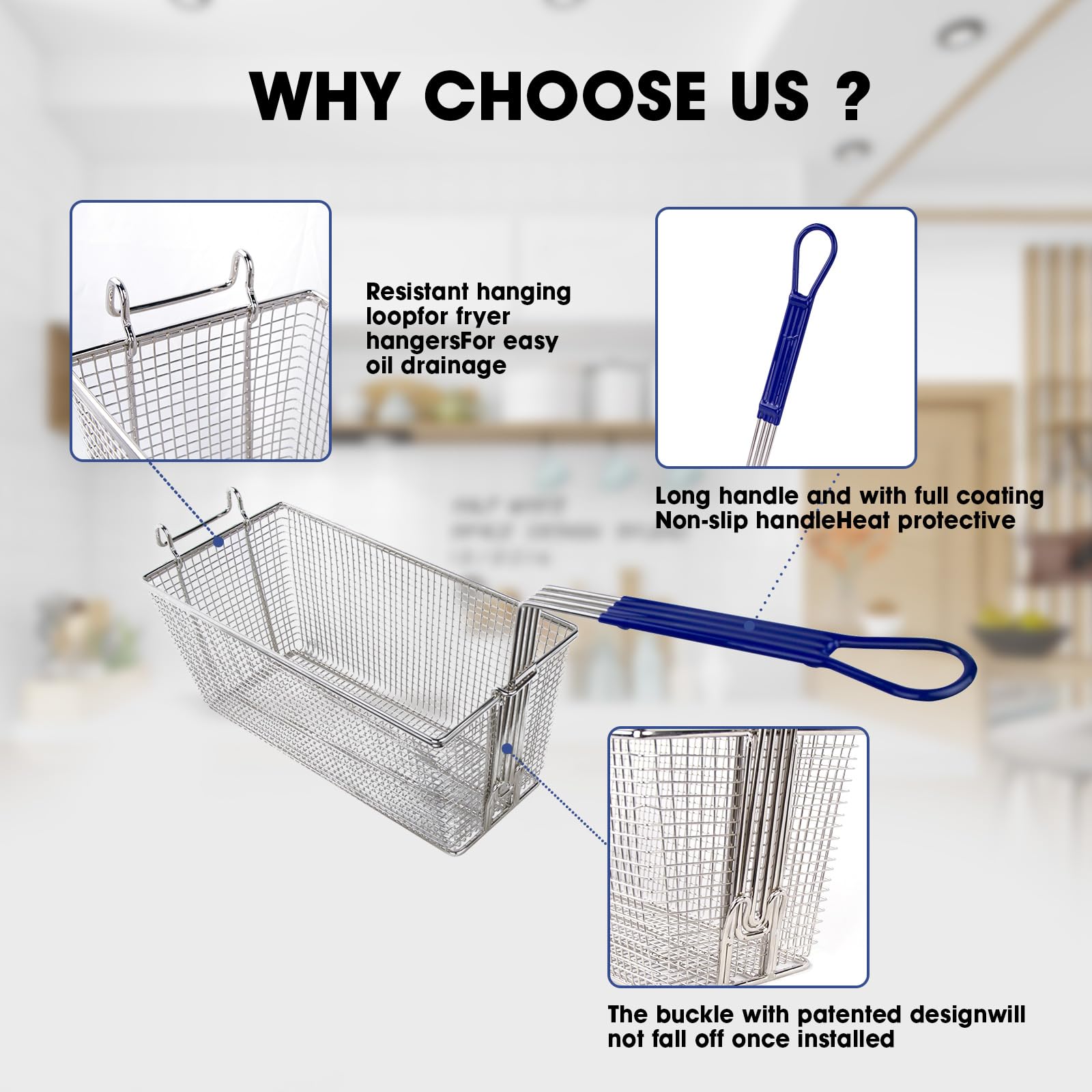 Cesta para freidora comercial de acero inoxidable de 13 x 6.5 x 6 pulgadas con mango largo antideslizante para freír cocina, restaurante, uso comercial en el hogar 5