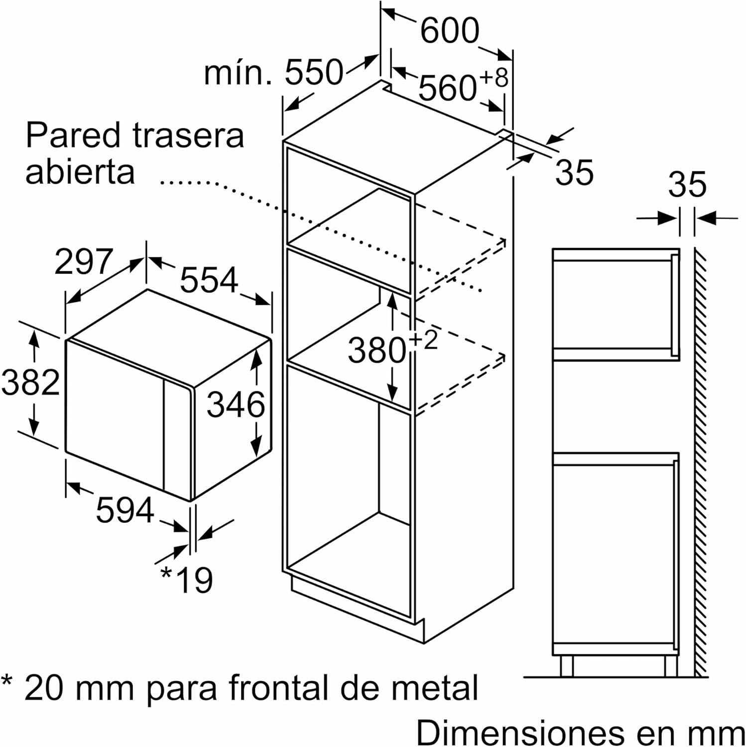 Diagram showing cabinet dimensions for built-in microwave installation