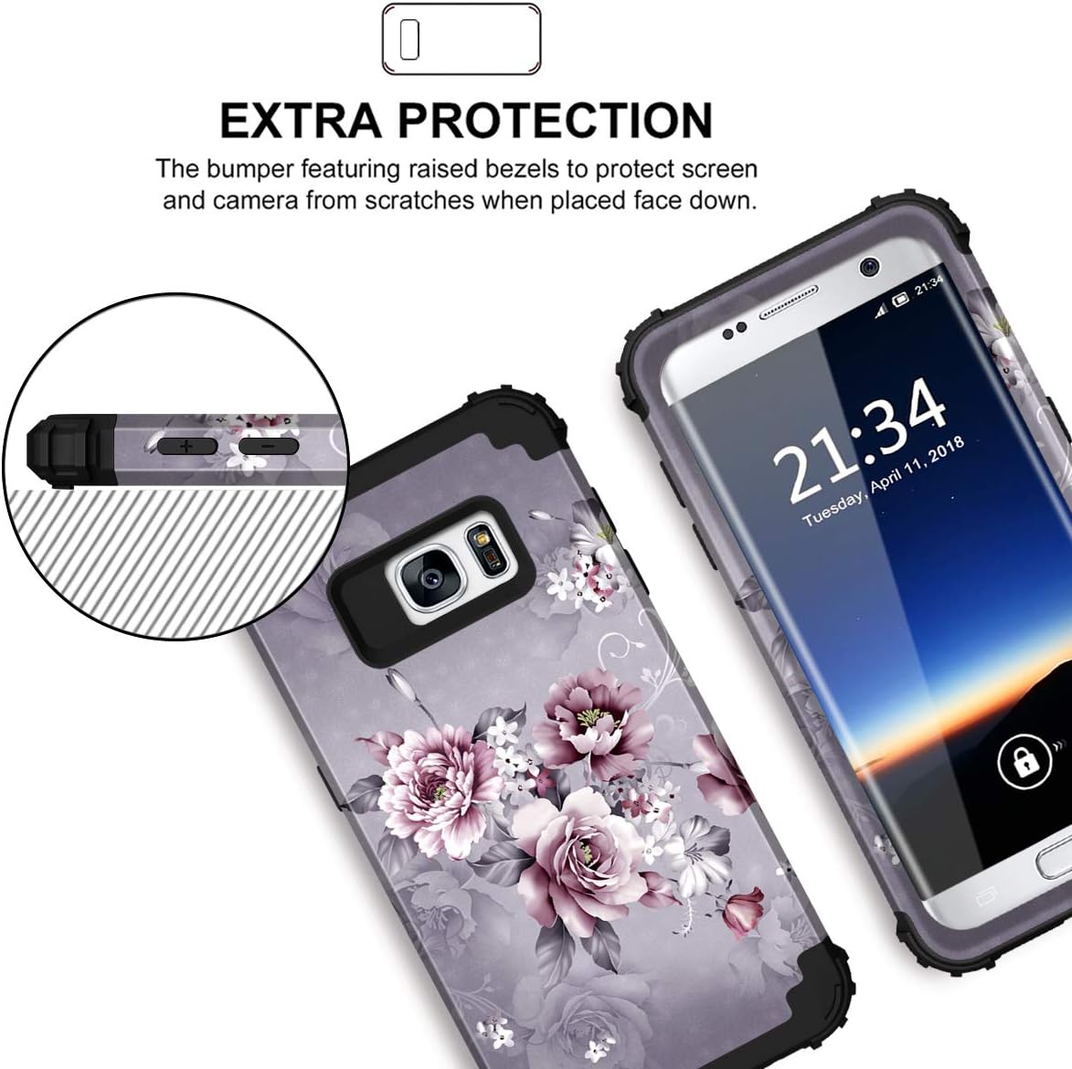 Hocase Galaxy S7 Case, SM-G930 Case, Heavy Duty Shockproof Hard Plastic+Silicone Bumper Full Body Protective Phone Case for Samsung Galaxy S7 G930 with Cute Flower Design - Light Purple Flowers