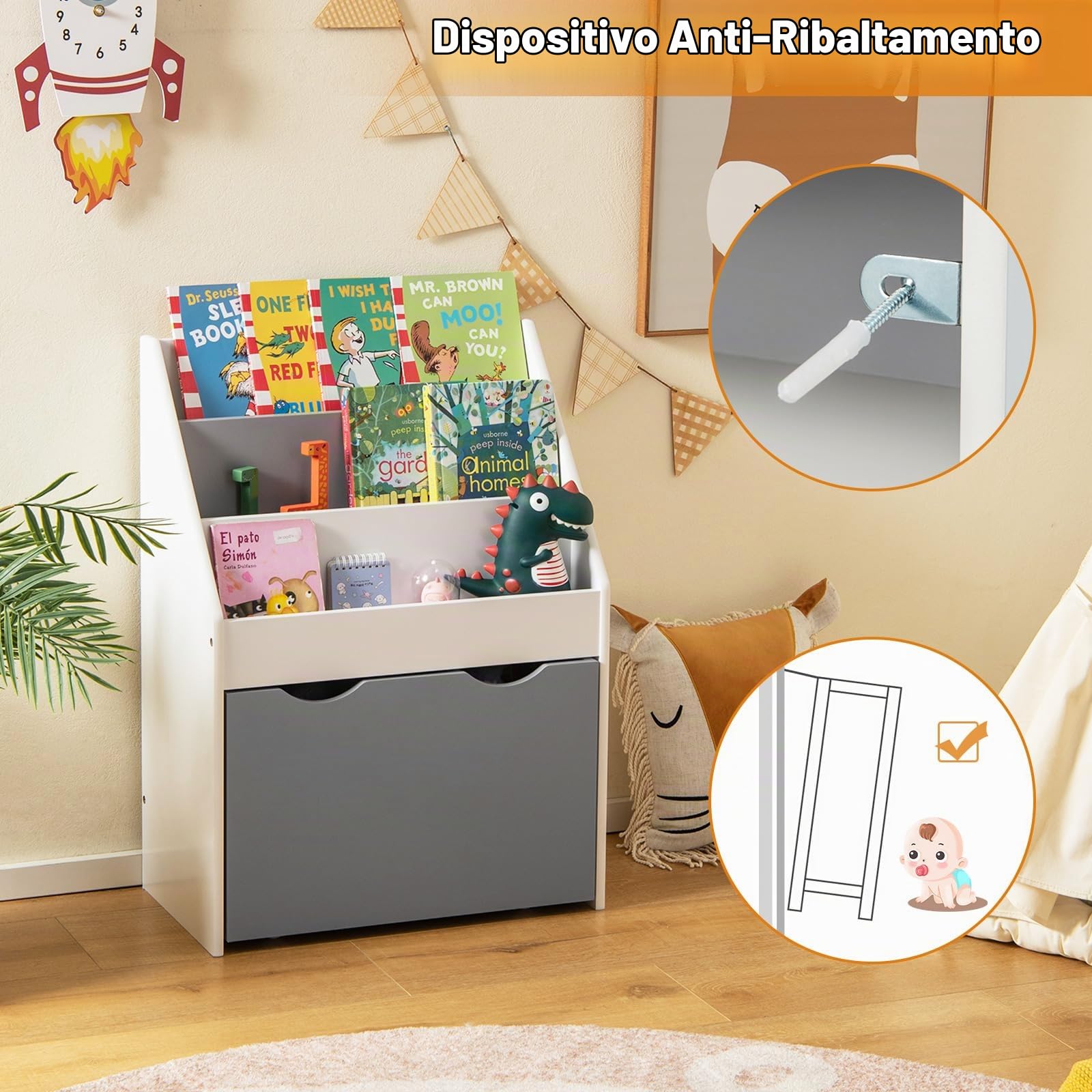 RELAX4LIFE Libreria in Legno per Bambini, Scaffale Porta Giochi con Cassetto e Ripiani Aperti, Organizzatore Multifunzionale per Camera da Letto e Asilo