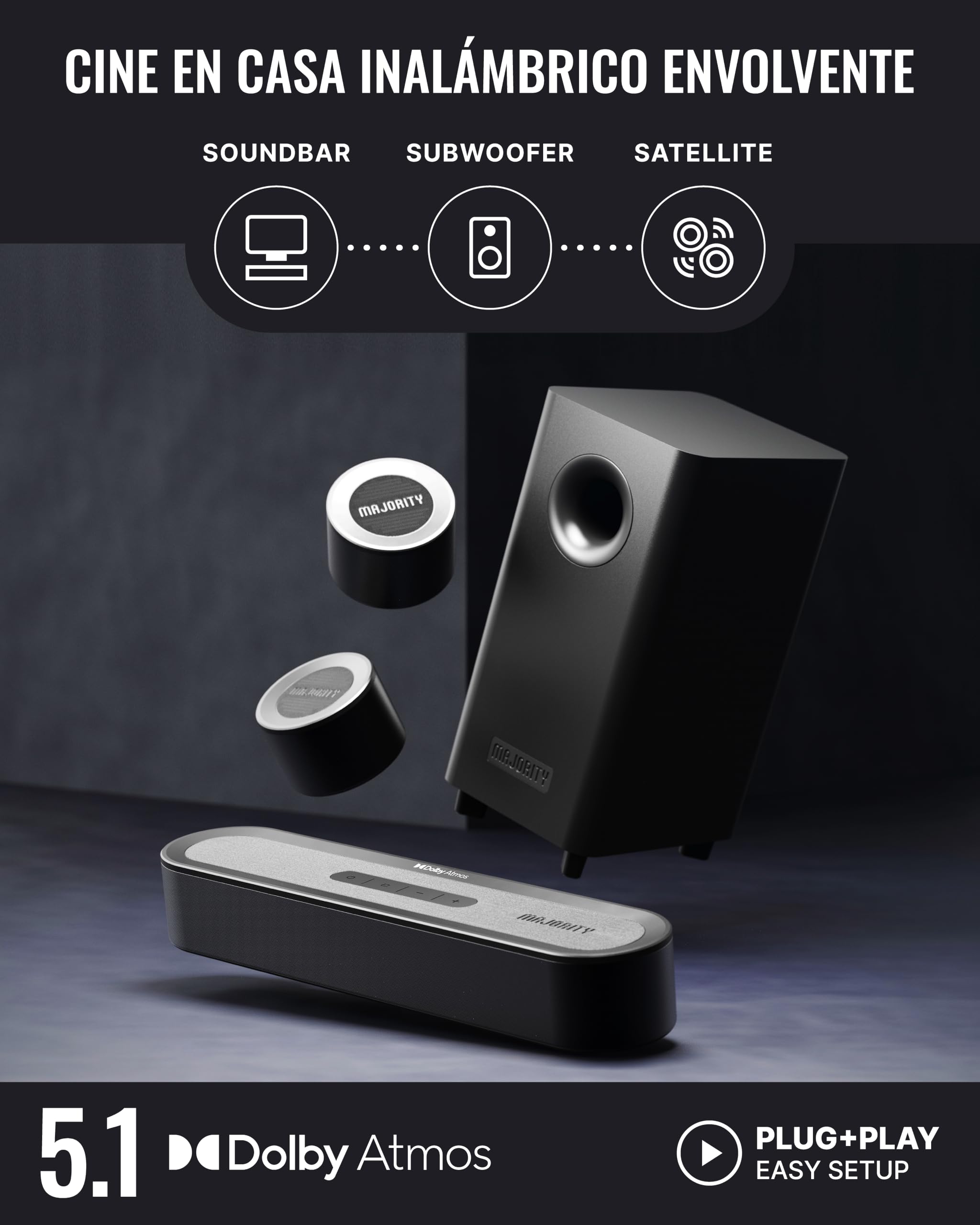 MAJORITY Bowfell Halo Atmos 300W Home Cinema Barra de Sonido con HDMI eARC | 5.1 Dolby Atmos Altavoces TV con subwoofer Inalámbrico y Altavoces Traseros | Barra de Sonido PC Bluetooth 5.3