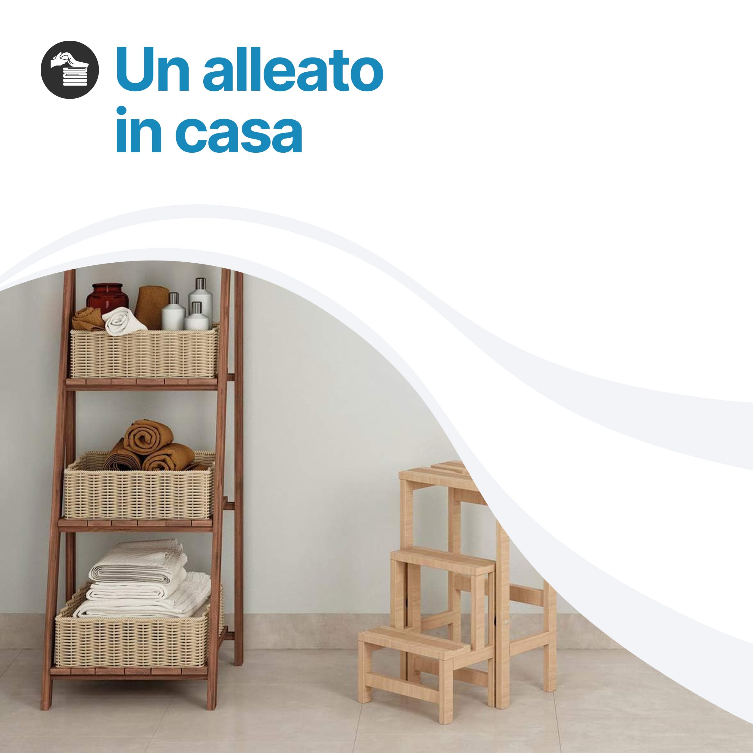 Tomaino - Scaletta 3 Gradini Ribaltabile In Legno GIULIETTA - Scaletta Pieghevole con Sgabello Richiudibile per Casa, Ufficio - Scala 3 Gradini Salvaspazio - Noce
