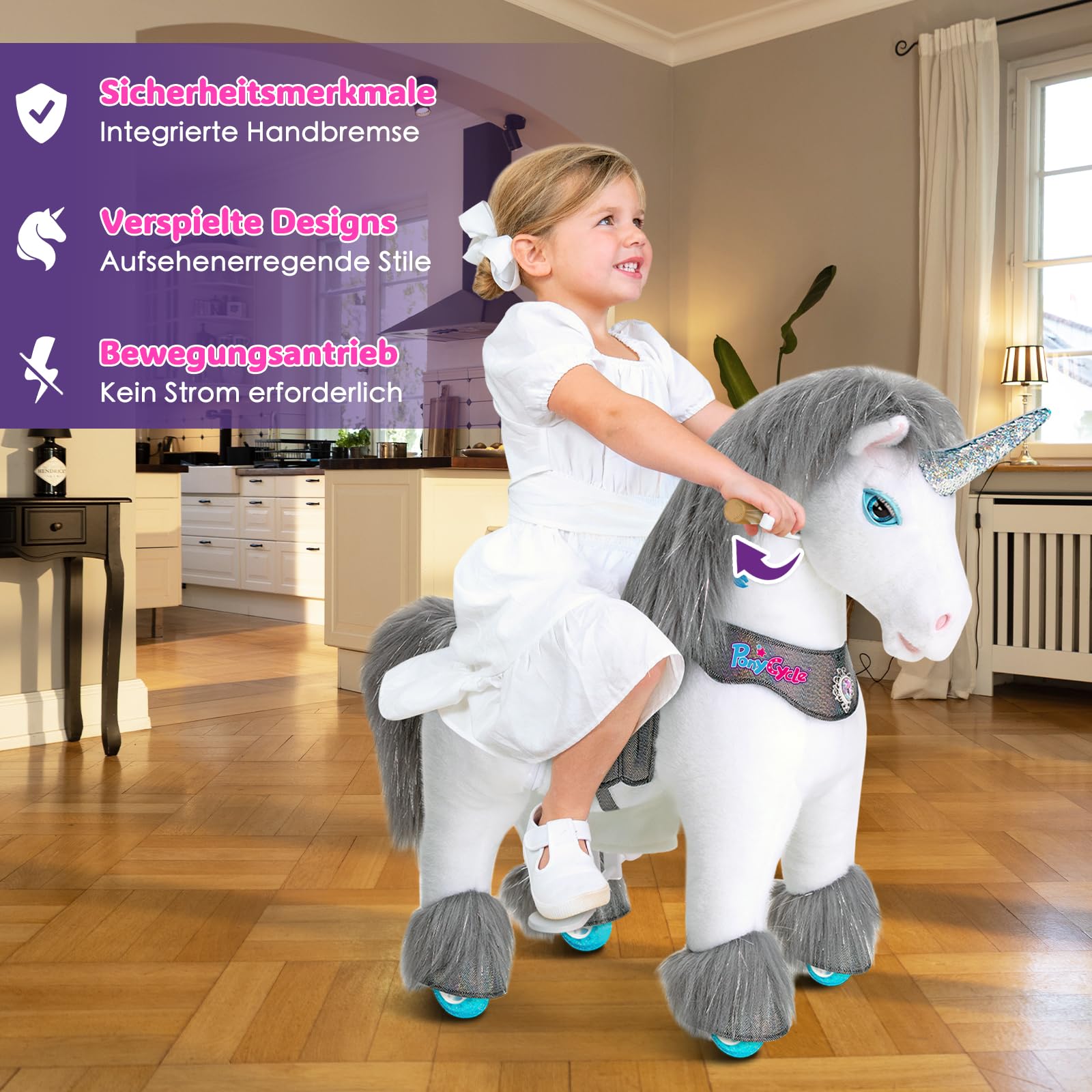 PonyCycle Modell Y Einhorn zum Reiten | Grau | 3-4 Jahre | mit Bremse | Reit-Einhorn für Kinder, Pailletten-Horn & 4 Sounds, beweglicher Sattel, Handbremse, leise Räder, Indoor & Outdoor, Größe 3