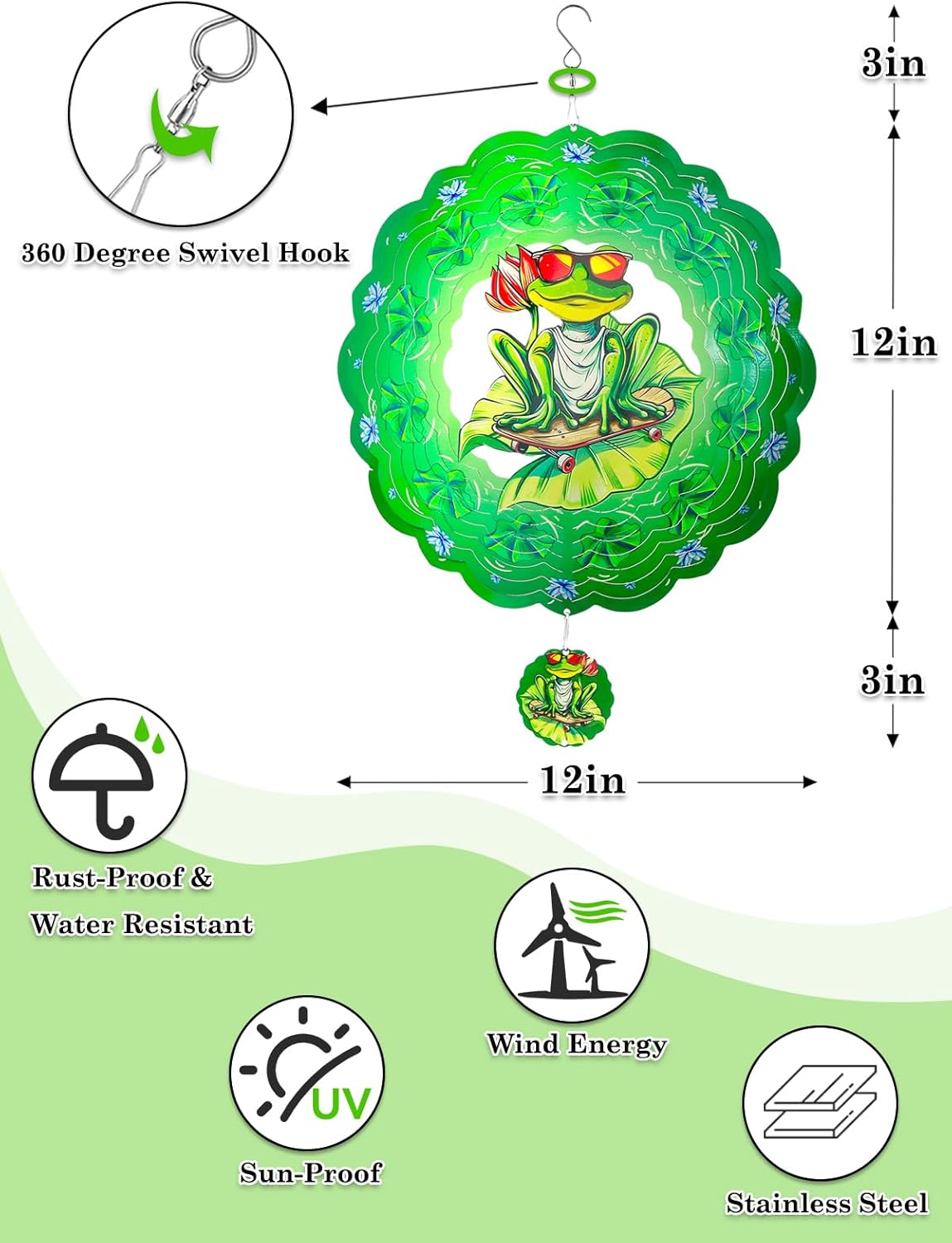 Frog Wind Spinners Outdoor Garden Decor for Outside - 12 Inch 3D Stainless Steel Metal Wind Spinners - Frog Gardening Gifts for Women, Yard Decorations Outdoor Hanging Decor