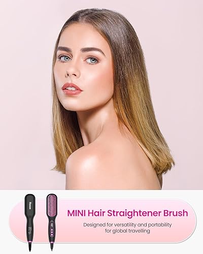 Miniatura 7 de Mini cepillo alisador de pelo tamaño de viaje para mujeres, cepillo alisador de doble voltaje con cerdas térmicas de cerámica, temperatura ajustable