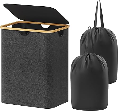 Miniatura 183 de Lifewit Cesta grande de 100 litros con tapa para ropa con asas de bambú y bolsa extraíble, plegable para dormitorio, baño, residencia universitaria