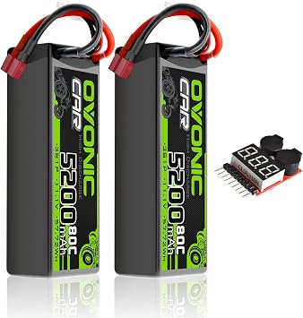 OVONIC Lipo Battery 11.1V 80C 5200mAh 3S Battery with Dean-Style T Plug Hardcase Battery for RC Car Boat Truck Helicopter Airplane Racing Models2 Packswith Lipo Voltage Checker