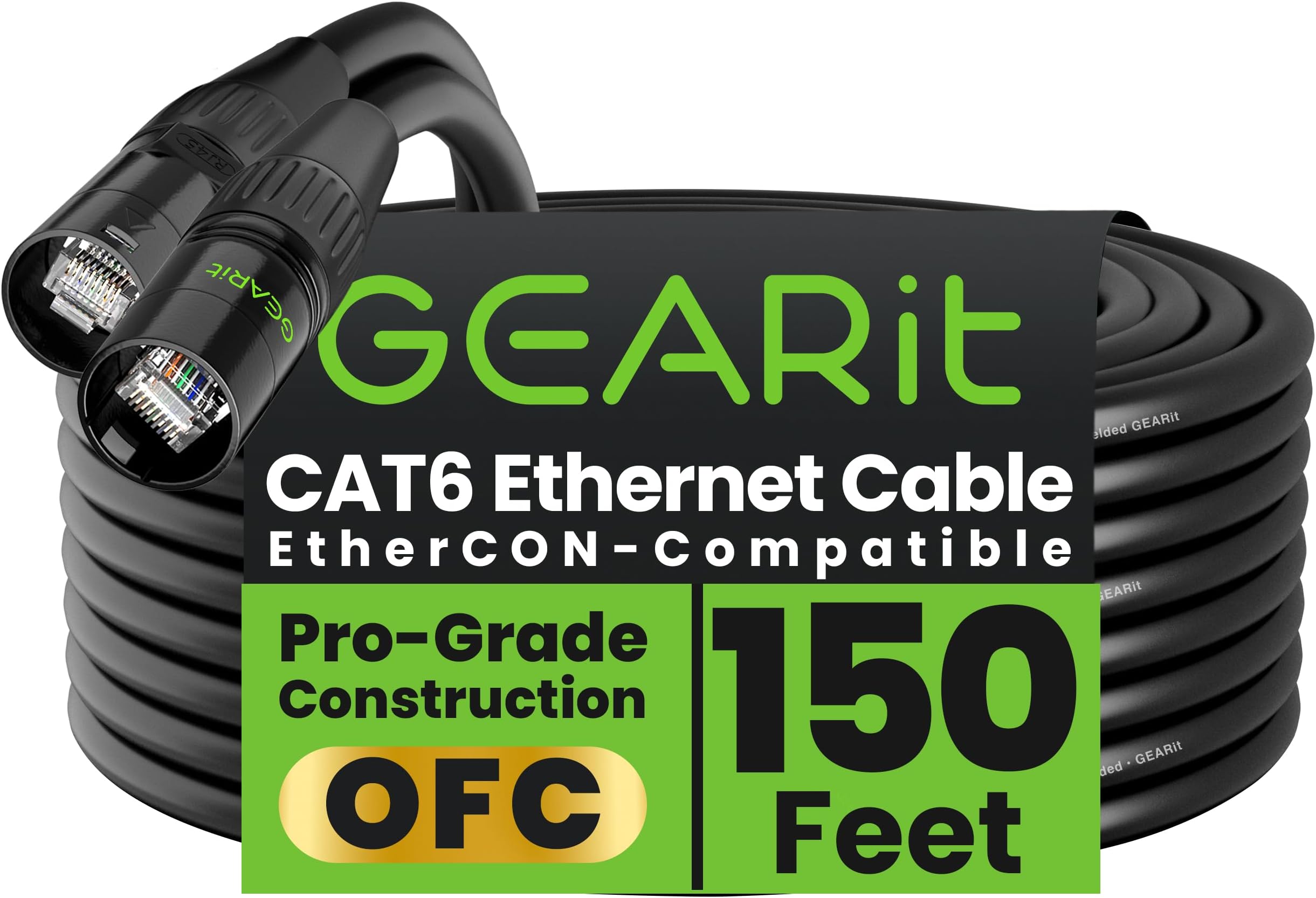 Shielded CAT6 Ethercon Cable (150 Feet) Professional Audio & Lighting RJ45 EtherCON-Compatible Cable for Studio, Stage, Concerts - 150ft Black