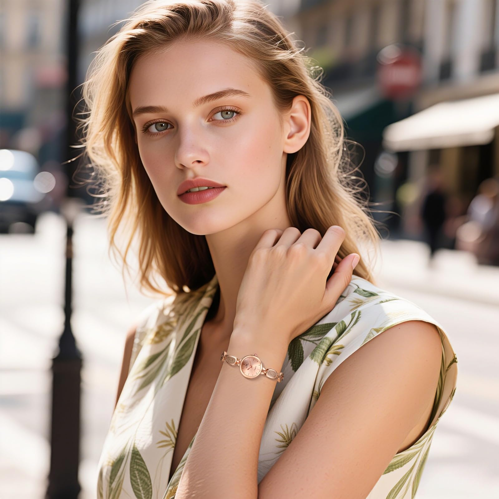 JewelryWe Reloj de pulsera gruesa para mujer: reloj de pulsera abierta de acero inoxidable en tono dorado, esfera analógica de cuarzo fácil de leer con números romanos con detalles de circonita cúbica