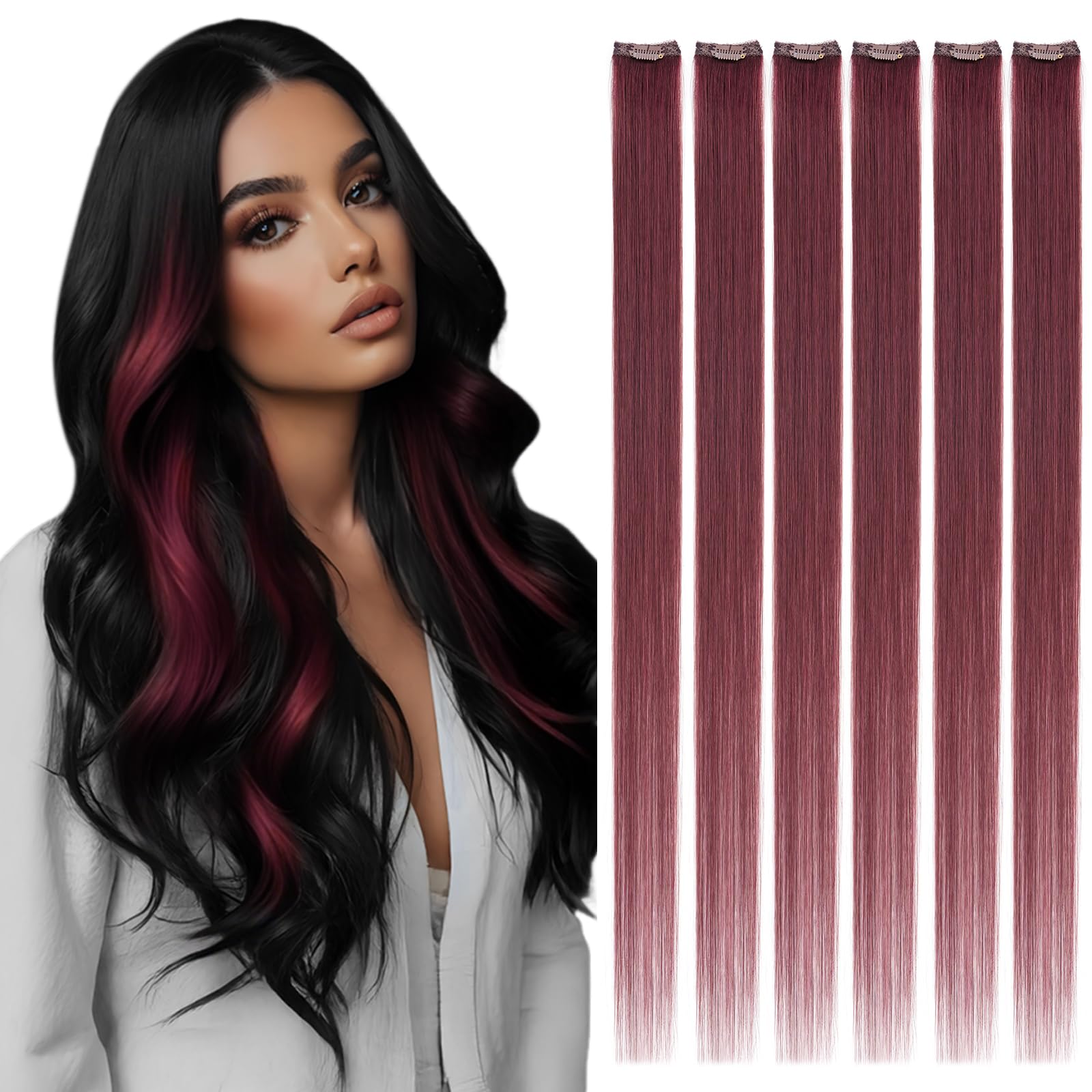 Rich Choices Clip in Hair Extensions Real Human Hair Purple Hair Extensions Straight Remy Hair 6Pcs Clip in Highlight