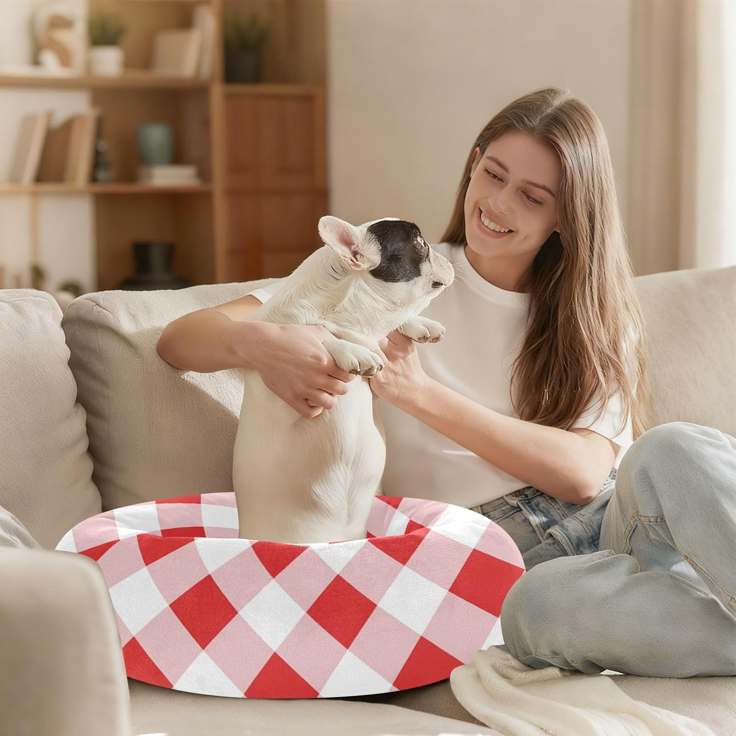 Red Buffalo Plaid Pet Cat Beds Calming Anti Anxiety fluffier Dog Pillow Bed for Medium Size Pets Sleeping