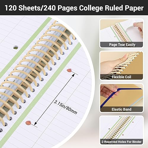 Miniatura 10 de Cuaderno de espiral, tamaño A4 de 9.25 x 11.7 pulgadas, cuaderno de 3 materias con rayas, cuaderno de 3 temas con bolsillos, cuaderno de diario en