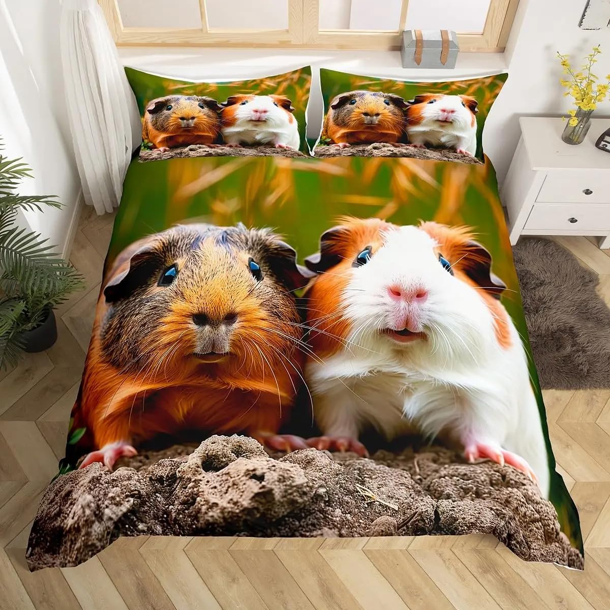 Housse de couette cochon d'inde 90x190 cm marron avec 2 taies d'oreiller pour lit enfant 1 personne