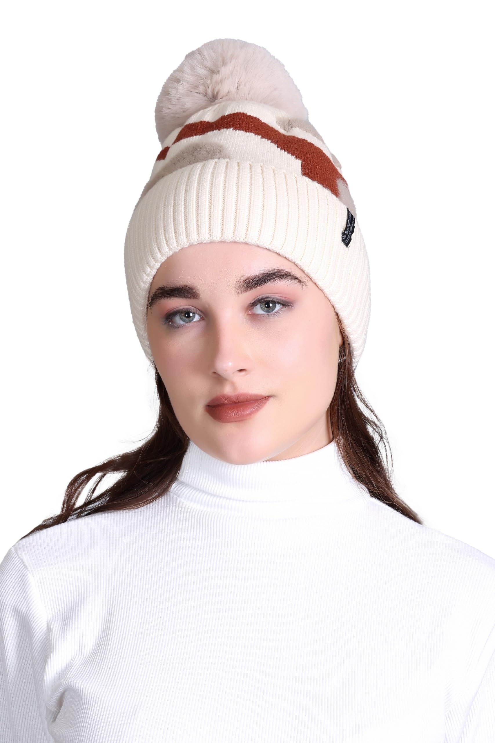 513 Women's Acrylic Blend Woollen Self Design Soft Warm Winter Knitted Pom Pom Skull Beanie Cap Beige-picture-30