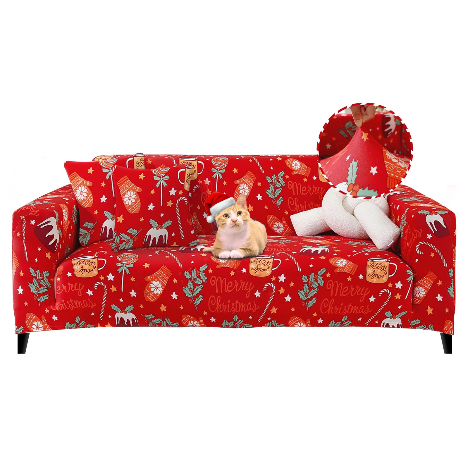 Jaotto Funda para Sofa 4 Plazas Funda Cubre Sofa Ajustable Fundas de Sofá Elasticas Extraíbles Lavables Antideslizante Protector Cubiertas de Sofá con Brazos de Sala de Estar,Navidad Dulce/Guantes