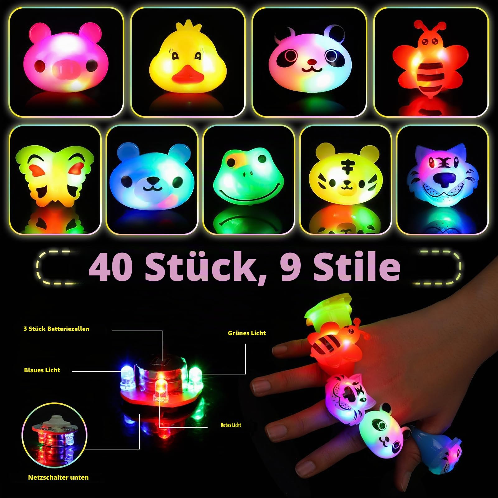 SCIONE 40 Stück LED Leuchtringe Blinkende Ringe Fingerspielzeug Party Bag Fillers für Kinder Niedliche Tier Licht Up Spielzeug für Jungen Mädchen Klassenzimmer-Preise Partygeschenke