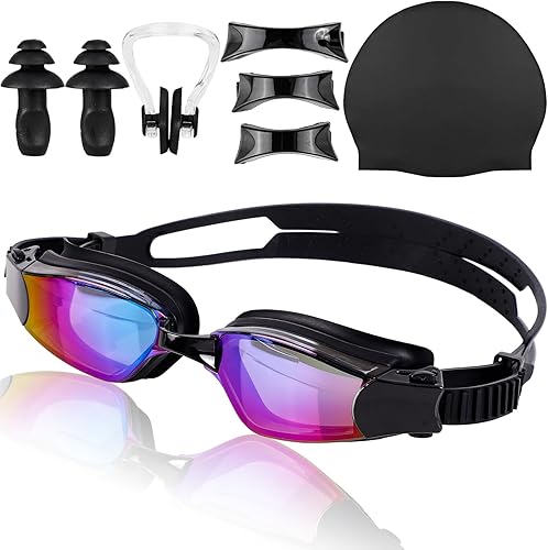 DEWEL Gafas de natación de visión amplia con pieza de nariz (talla única, para la mayoría), gafas de natación antivaho sin fugas, gafas de