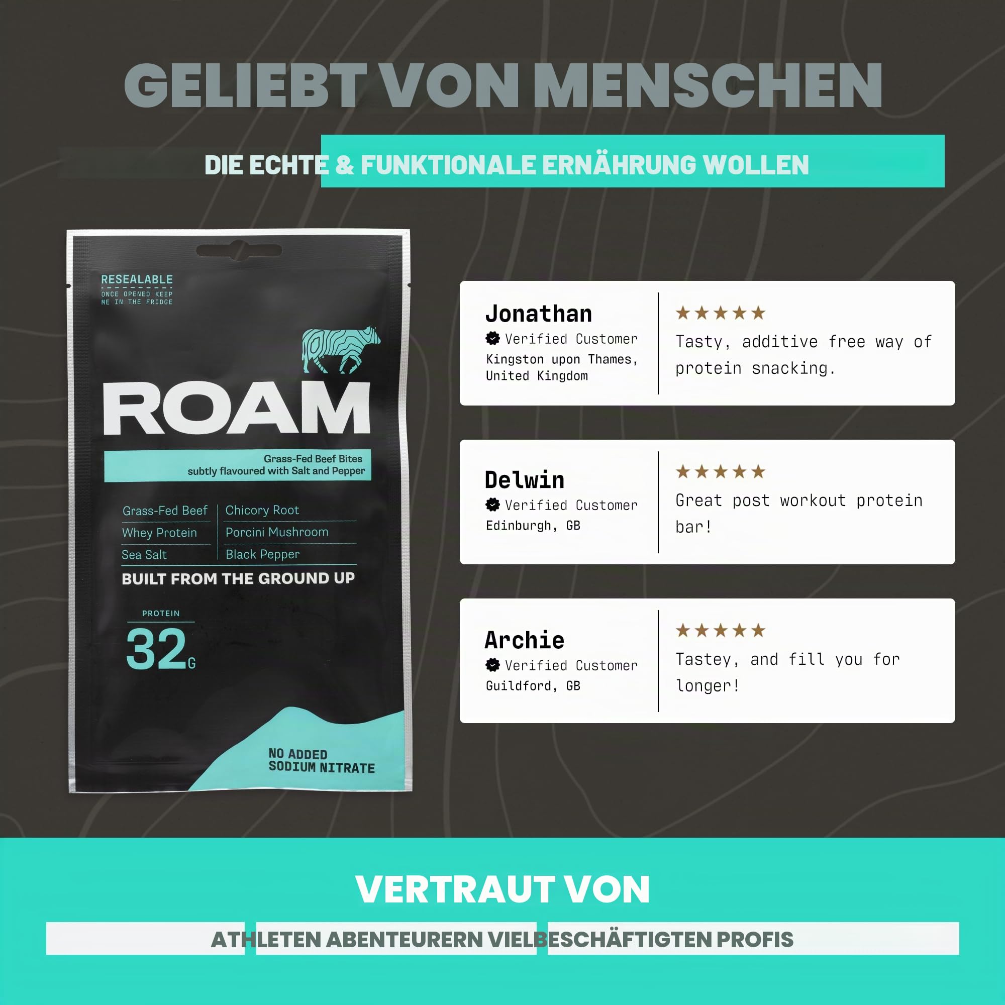ROAM Low Carb Protein Bites aus Rindfleisch – High Protein Energieriegel & Keto Snack – 6 x 70g – Gesunde, Glutenfreie Fitness Snacks (Beef Bites)