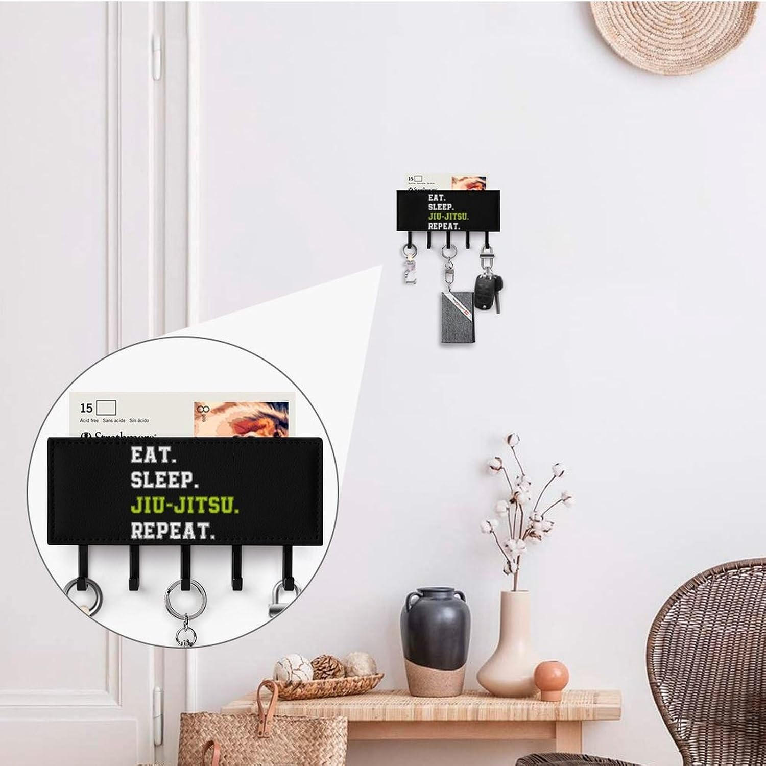 Eat Sleep Jiu-Jitsu Repeat Key Holder Wall Mount PU Leather Key Rack Key Hanger Mail Organizer Bathroom Kitchen