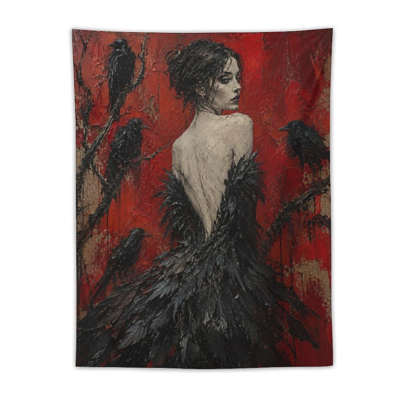 W7C8U2X3 Raven Woman with Black Feather Dress Wall Tapestry, College Dorm