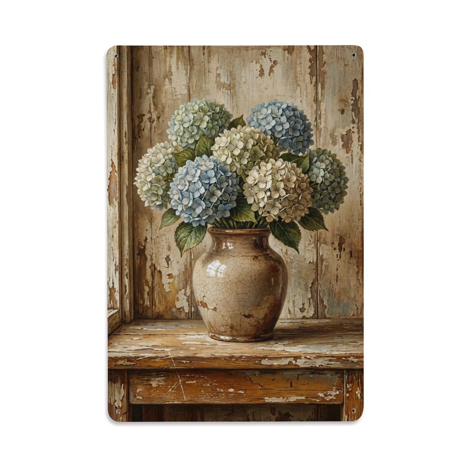 Hydrangeas Vase Windowsill Farmhouse Vintage Metal Tin Sign Plaque Wall Decor for Cafe, Club, Garden Metal Poster 8x12Inch