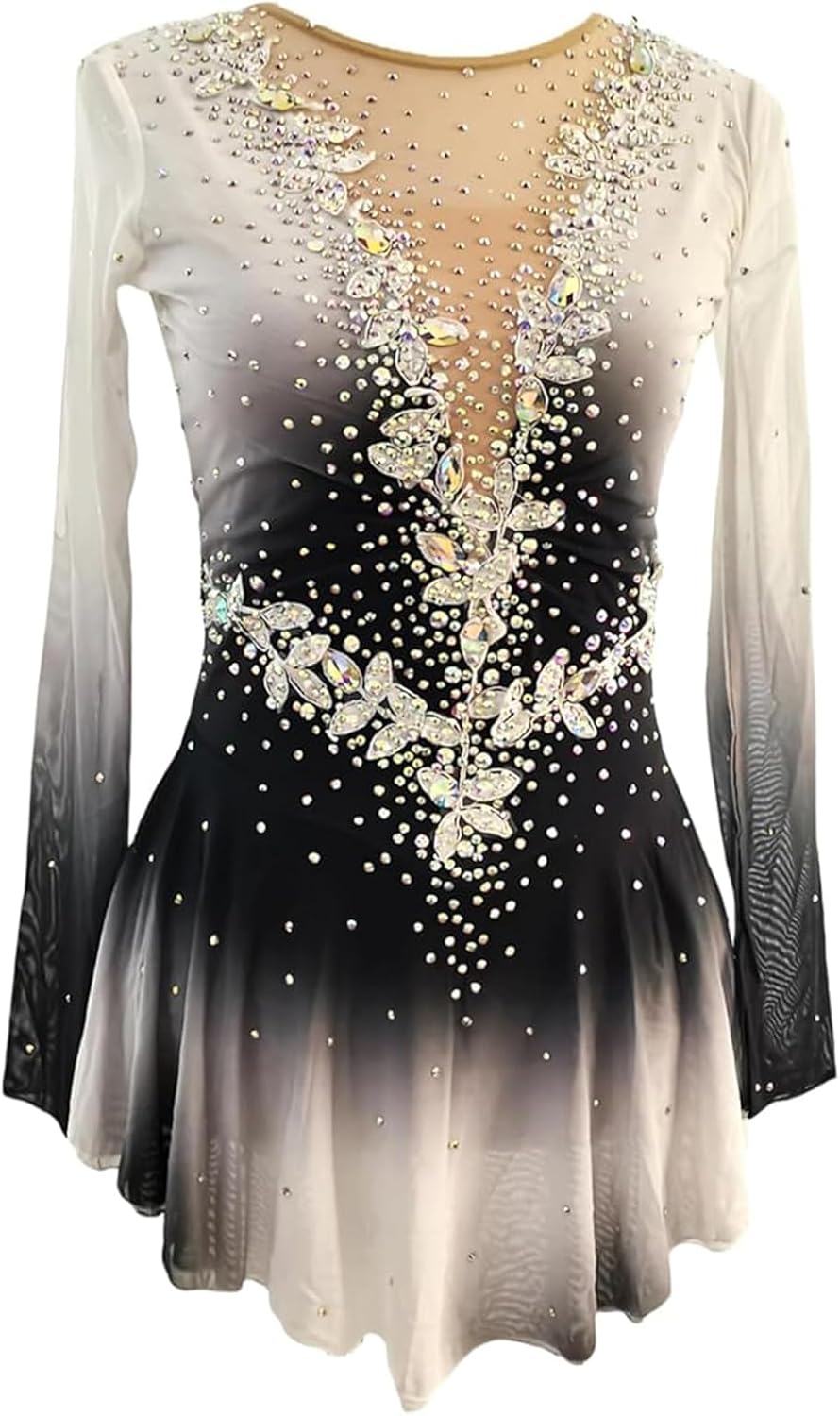 LIUHUO Ice Figure Skating Dress Lady's Black White Gemstone Long Sleeves Competition Performance